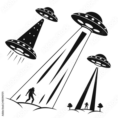 Illustration of ufos with a silhouetted figure