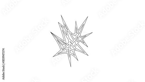 A black and white abstract geometric design features sharp, intersecting lines. It's set against a blank, white backdrop. The central focus presents an intricate structure