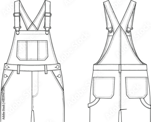 Denim overalls technical fashion flats, front back views adjustable strap dungarees apparel design cad drawing flat vector illustration template