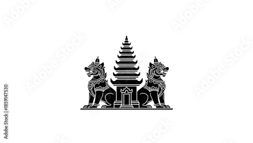 A black and white depiction of a cultural emblem, featuring ornate, stylized mythical beasts flanking a tiered structure. Detailed, symmetrical design