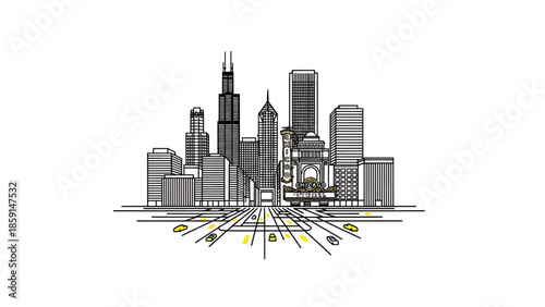 A black and white cityscape with yellow road lines and cars. Buildings are outlined, with one featuring marquee-style details. Yellow car accents on the road