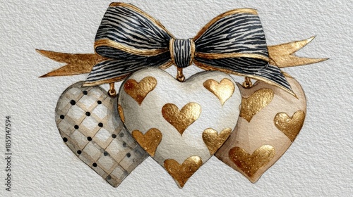 Watercolor illustration of three overlapping ceramic heart ornaments in cream, ivory, and taupe with gingham and gold accents, zebra print bow, floating hearts, elegant modern feminine glam style