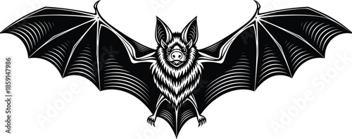 Flying bat vector illustration, spooky nocturnal animal with spread wings, black and white line art, horror wildlife emblem, halloween gothic design