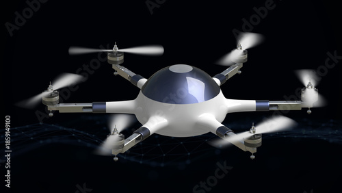 Advanced drone with multiple propellers flying in dark background