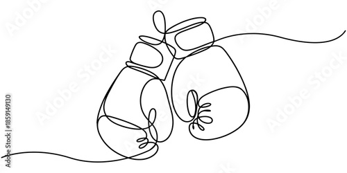 Boxing glove in one continuous single line art drawing style isolated on white background, Boxing gloves line.one line continuous draw, Continuous one line drawing of Boxing gloves.