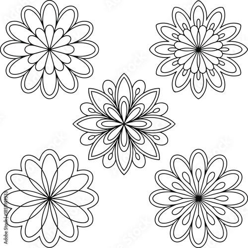 Decorative floral motifs with intricate petal designs for creative projects