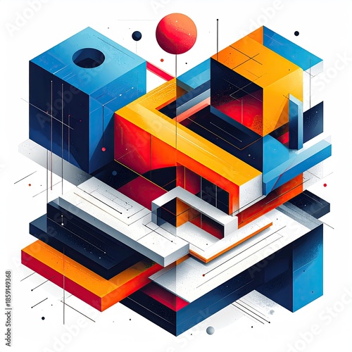 Abstract geometric composition of colorful, overlapping cubes and shapes