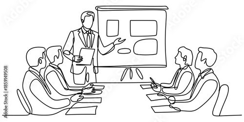 One single line drawing of young startup founders brainstorming innovation ideas in a meeting at the office. Business presentation concept continuous line draw design vector graphic illustration