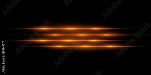 Gold horizontal lensflare. Light flash with rays or gold spotlight and bokeh. Yellow glow flare light effect. Vector illustration. Isolated on dark transparent background.