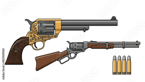 Vintage Western Revolver and Rifle with Bullets.
