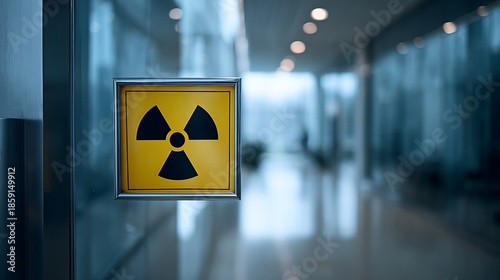 A close-up view of a radiation hazard symbol on a glass door, with a blurred hallway background