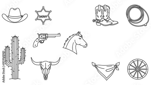 Wild West Collection of Iconic Cowboy and Desert Elements.