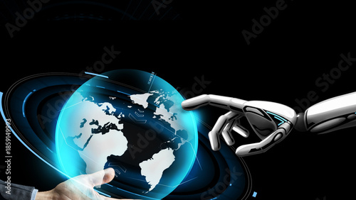 Human and robotic hands connect over a glowing blue globe