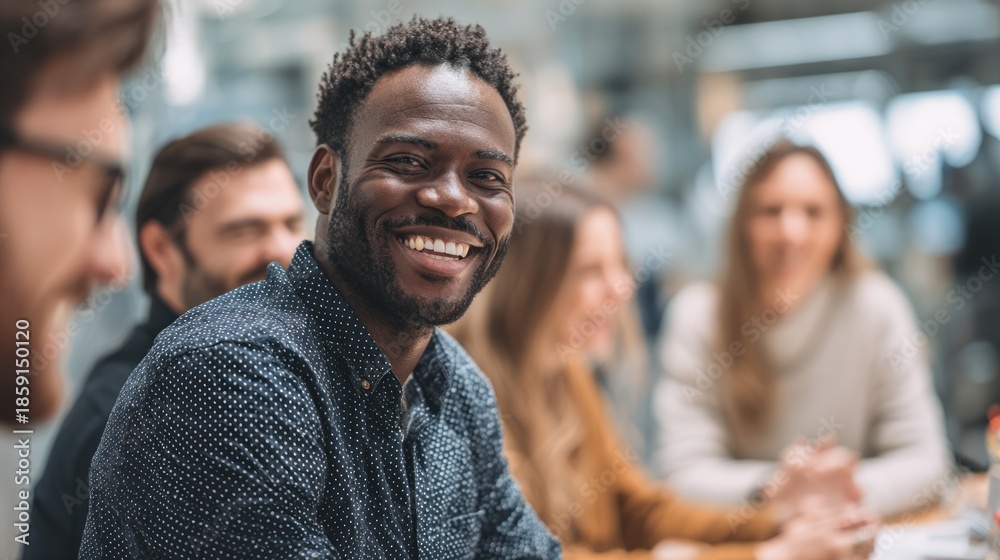 Fototapeta premium Smiling man in a business meeting with diverse colleagues at work