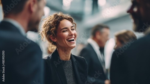 Smiling Woman Engaging in Conversation at Professional Event