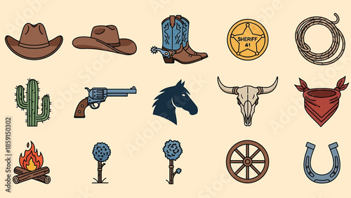Collection of Western Cowboy Icons and Symbols.