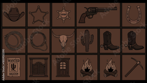 Wild West Cowboy Icons Collection Vector Art.