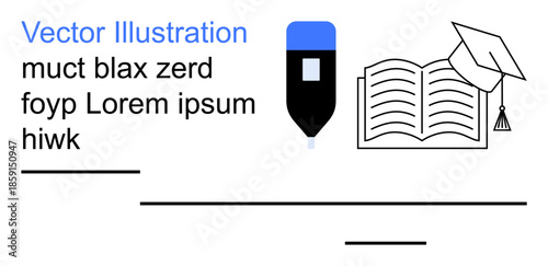 Education, e-learning, academic success, study tools, knowledge sharing, writing. Open book with a graduation cap and pen. Education and e-learning concepts conveyed visually