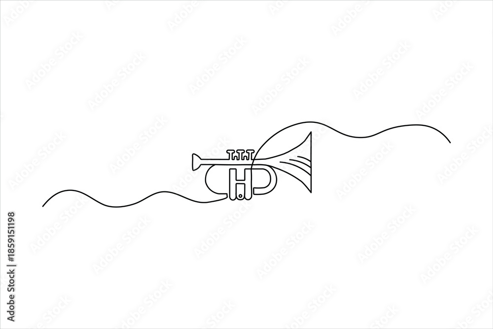 Obraz premium Minimalist continuous one-line drawing of a trumpet emblem with music notes. Sleek black outline vector for jazz, band, and orchestral branding.