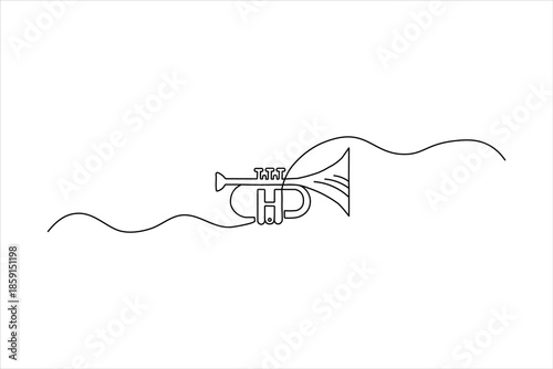 Minimalist continuous one-line drawing of a trumpet emblem with music notes. Sleek black outline vector for jazz, band, and orchestral branding.
