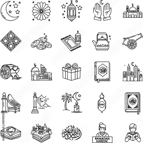 Ramadan Night Lantern Crescent Black Outline Icons