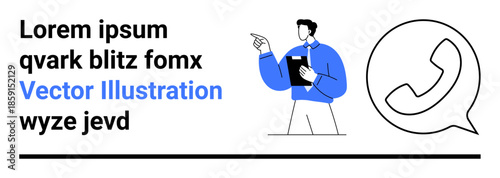 Business services, customer support, communication tools, corporate training, contact options, digital communication. Person pointing while holding a clipboard, phone icon on the right. Business