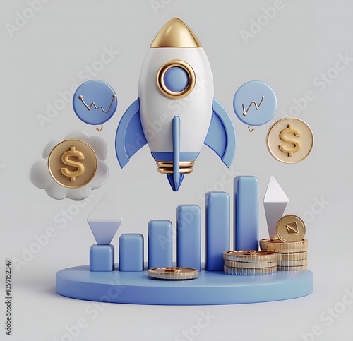 A 3D illustration of a rocket ship launching upwards with financial growth symbols
