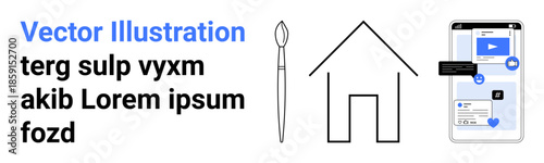 Digital marketing, creative tools, mobile interface, graphic design, tech solutions, content creation. Paintbrush, house outline and mobile phone interface. Digital marketing and creative tools