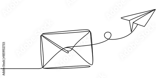 Continuous one line drawing of envelope mail with paper airplane, Envelope mail with flying paper plane sending letter and email message concept vector illustration
