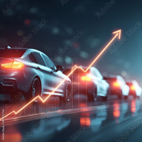 A silver car driving on a road with a glowing orange graph in the background