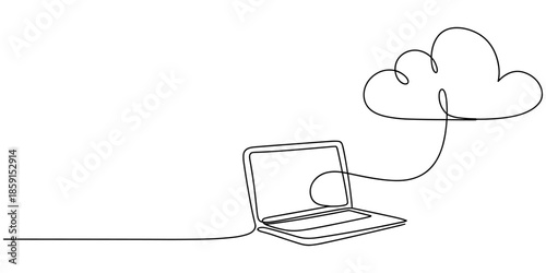 Laptop computer with cloud icon, Digital technologies. Continuous One line drawing of Exchange of information between the laptop and the cloud. A laptop glow downloads files into the cloud storage.