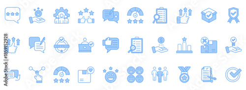 Review Icon Set. Contains Icons That Are Relevant For Business. Designed In Vector Lineal Blue Style