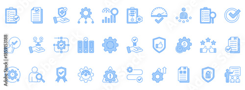 Best Practice Icon Set. Contains Icons That Are Relevant For Business. Designed In Vector Lineal Blue Style