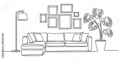 Continuous line interior with sofa, plant, lamp and frames for photo. One line drawing of Living room with modern furniture editable stroke. Single line. Handdraw contour. Flower in pot. Doodle vector