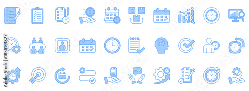 Time Management Icon Set. Contains Icons That Are Relevant For Business. Designed In Vector Lineal Blue Style