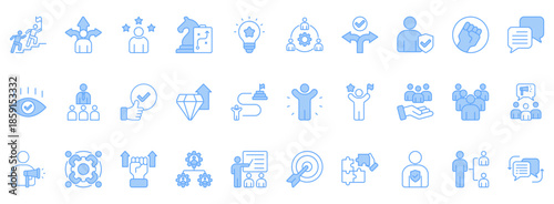 Leadership Icon Set. Contains Icons That Are Relevant For Business. Designed In Vector Lineal Blue Style