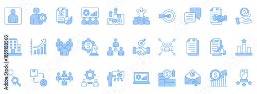 Sales Team Icon Set. Contains Icons That Are Relevant For Business. Designed In Vector Lineal Blue Style