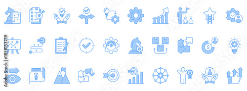 Strategy Icon Set. Contains Icons That Are Relevant For Business. Designed In Vector Lineal Blue Style
