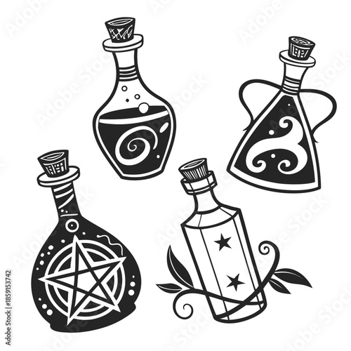 Collection of witchcraft potion bottles