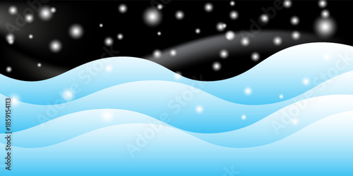 Snowy hillside vector background with blue sky and drifting flakes, cheerful winter scene for posters and digital wallpapers. eps 10