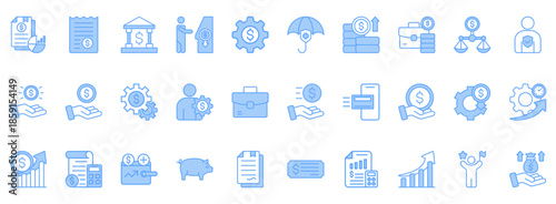 Personal Finance Icon Set. Contains Icons That Are Relevant For Business. Designed In Vector Lineal Blue Style