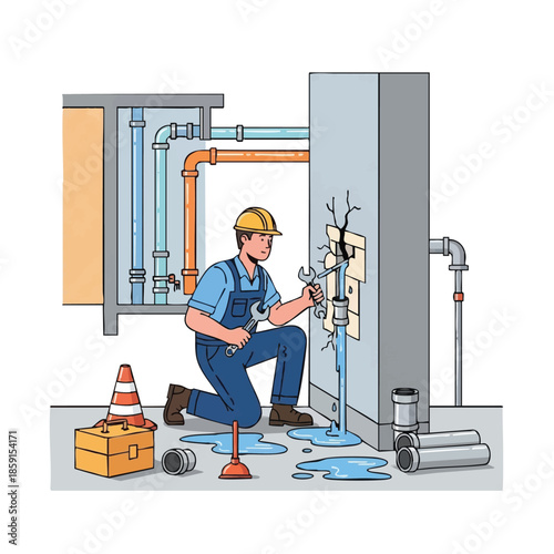 Plumber repairing water heater leakage with tools.