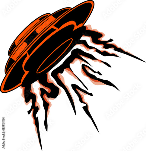 Stylized orange and black UFO flying saucer emitting sharp lightning strikes.