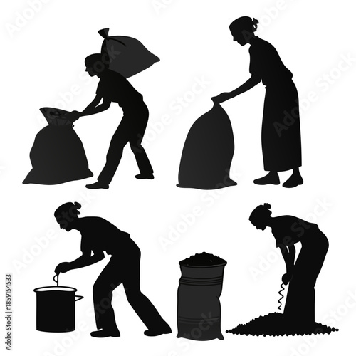 Silhouettes of workers engaged in manual labor