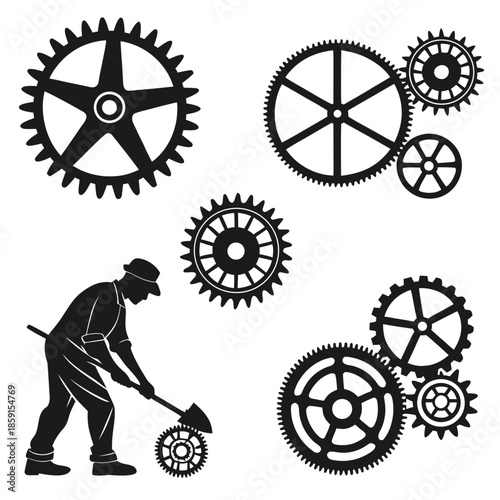 Silhouette of a man digging with gears