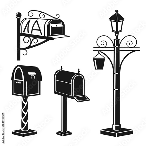 Various mailboxes and lamp post