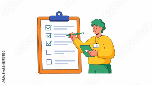 A person reviewing a checklist on a clipboard with a pen