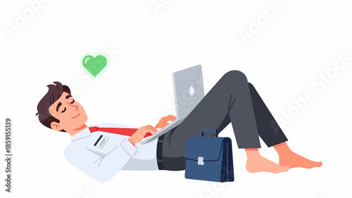 Man relaxing on the floor with laptop and briefcase