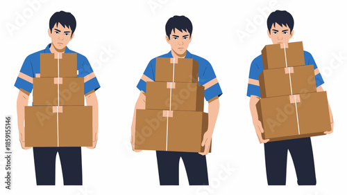 Delivery men carrying cardboard boxes in a row
