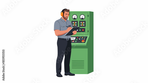 Man operating industrial machinery with control panel